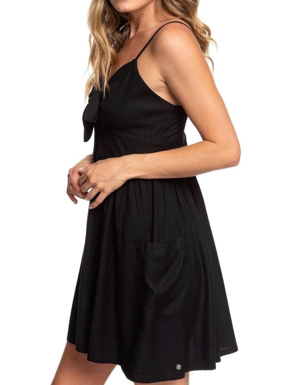 Roxy Black Tie-Front Mini Dress with Wood Buttons - Picture 3 of 4